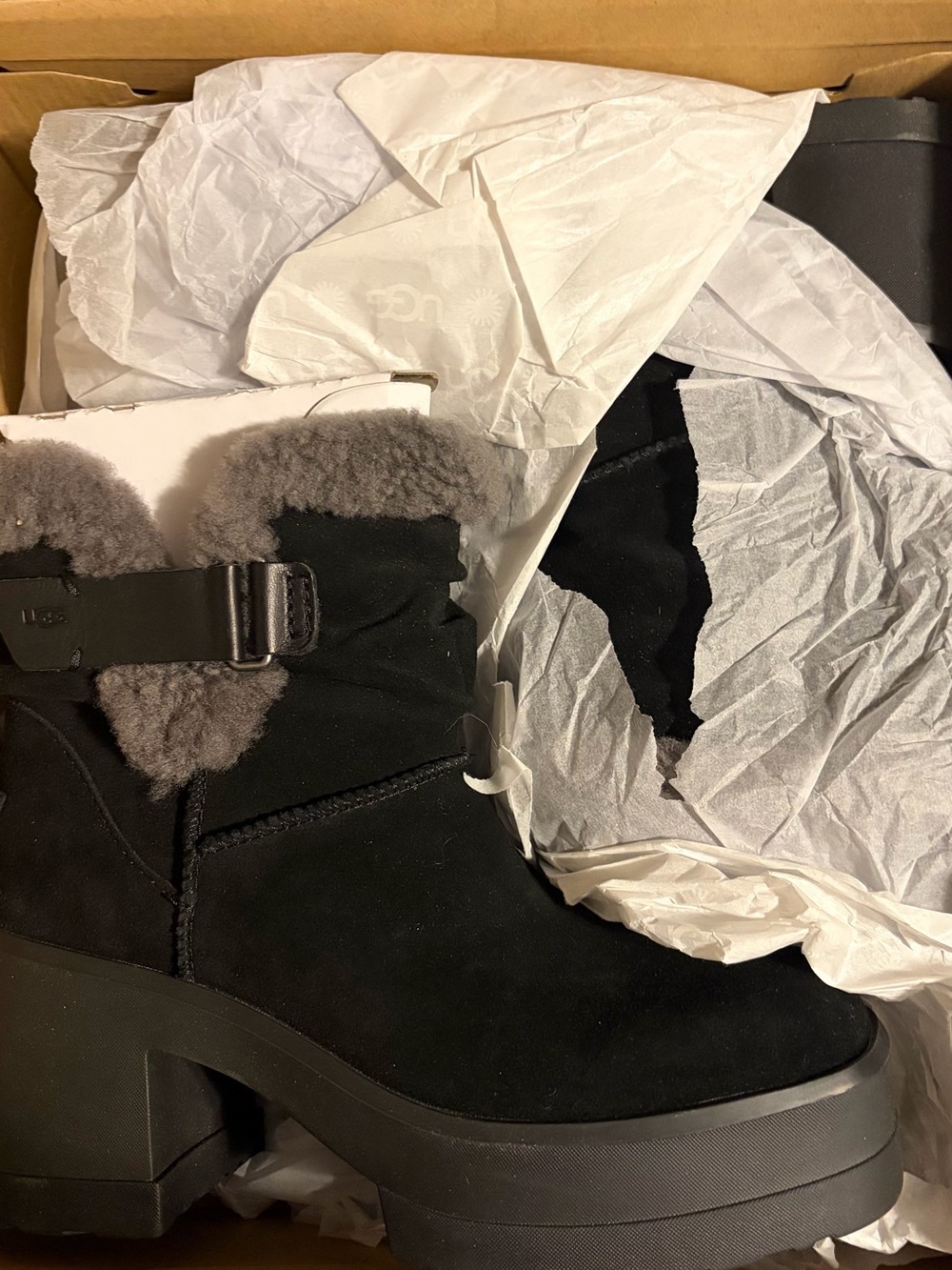 UGG Black Suede Shearling-Trim Buckle Platform Ankle Boots